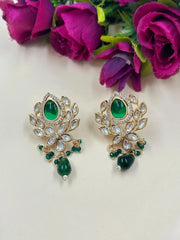 Designer Flower Design Party Wear Green Kundan Polki Stud Earrings