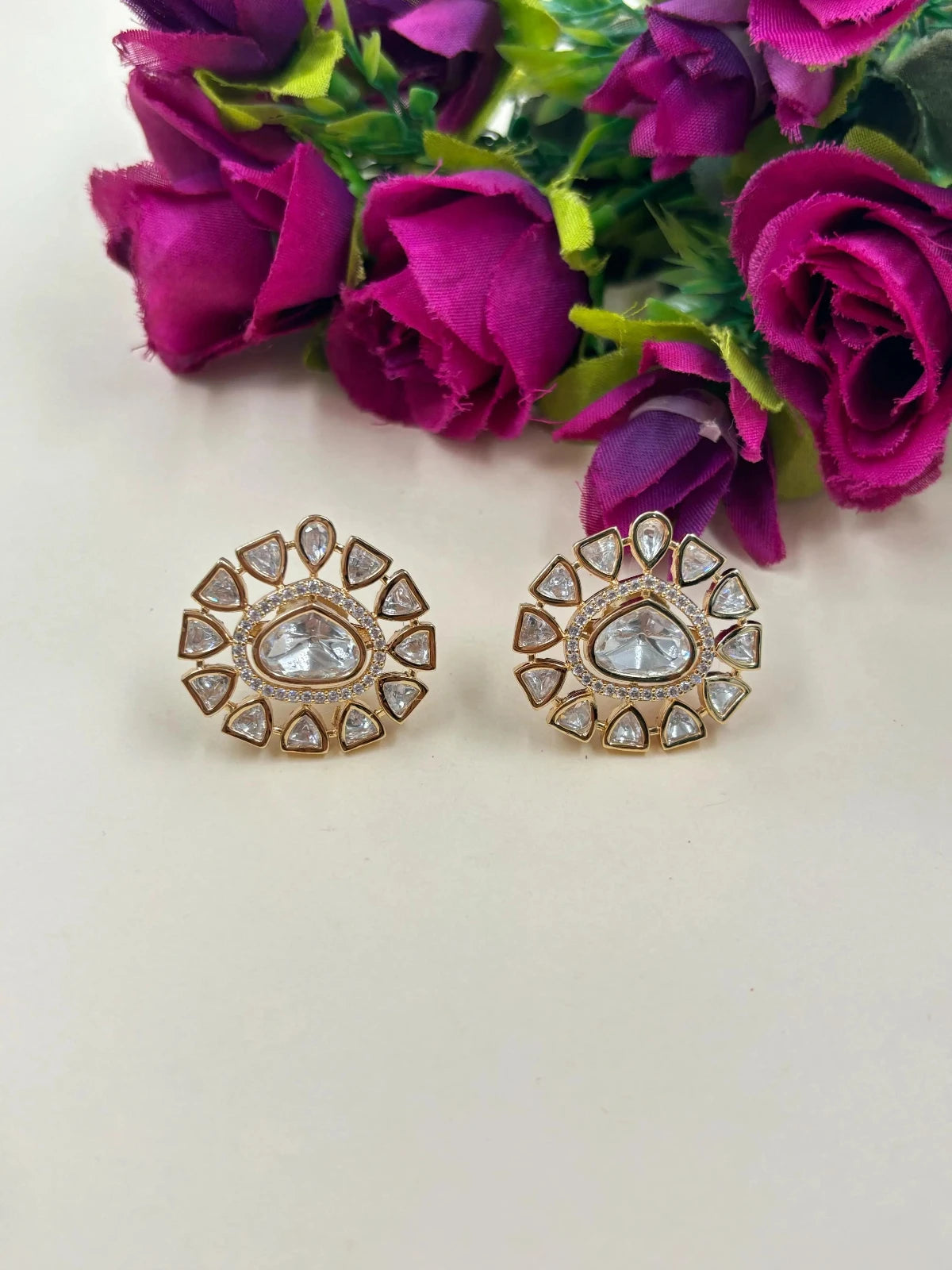 Designer Light Weight Ad And Polki white  Kundan Stud Earrings for women online