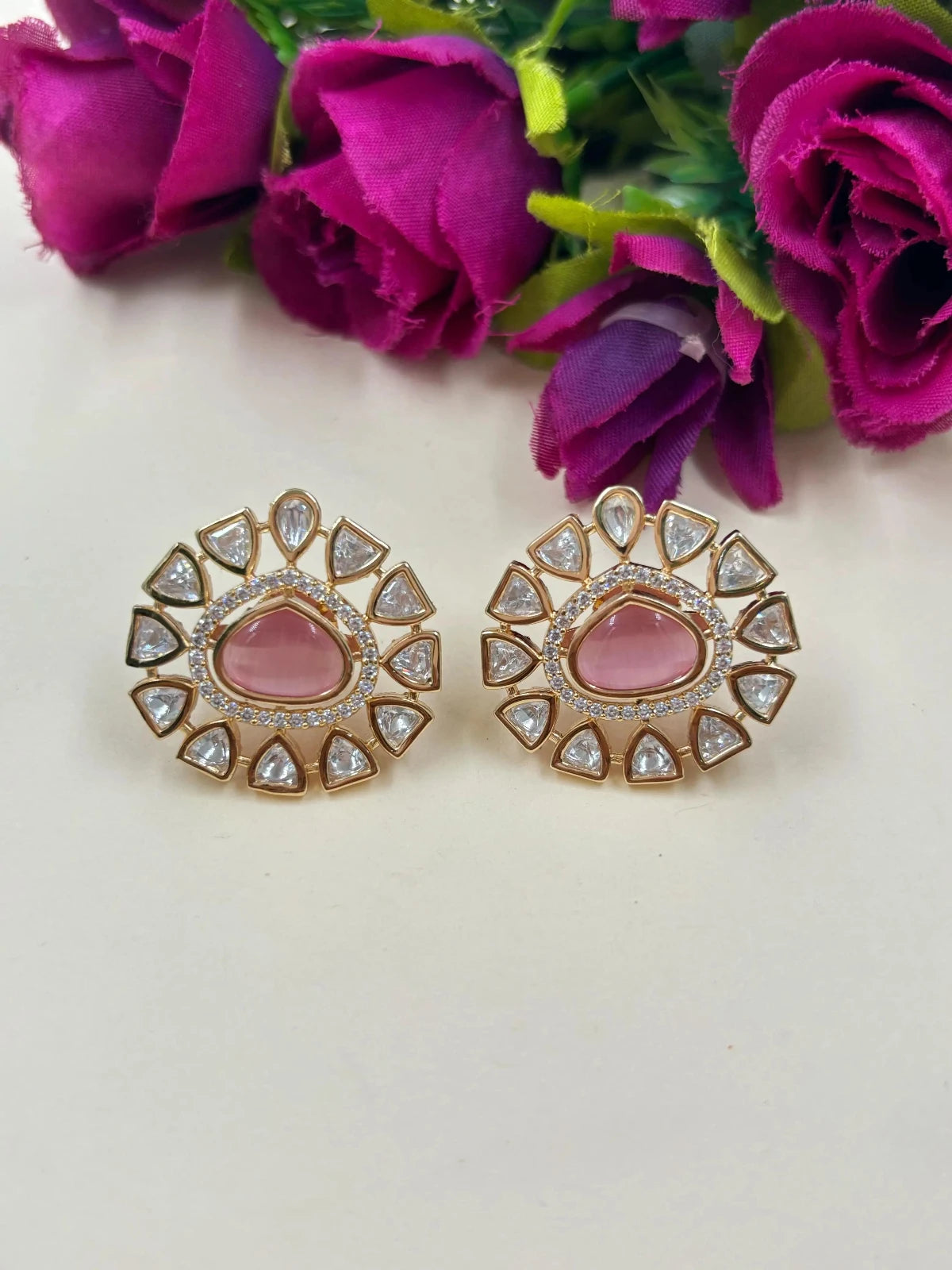 Designer Light Weight Ad And Polki baby Pink Kundan Stud Earrings for women online