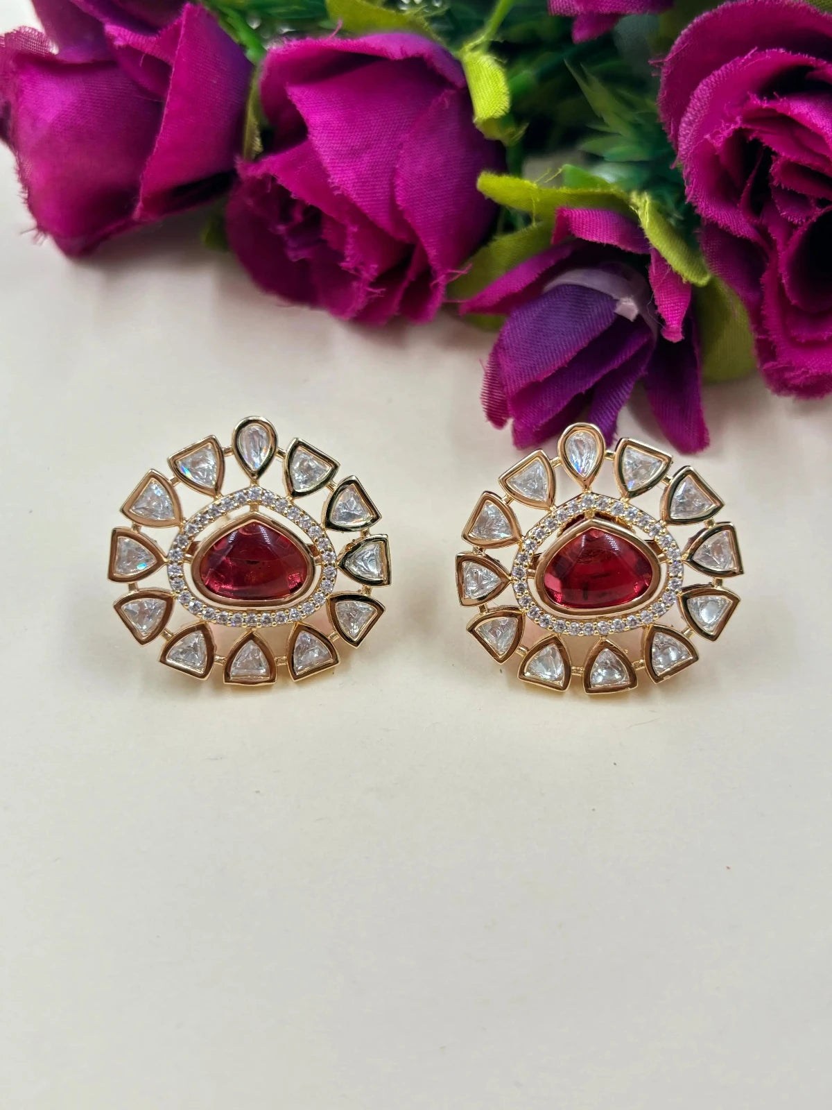 Designer Light Weight Ad And Polki Ruby Pink Kundan Stud Earrings for women online