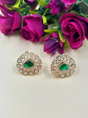 Designer Light Weight Ad And Polki Green Kundan Stud Earrings for women online.