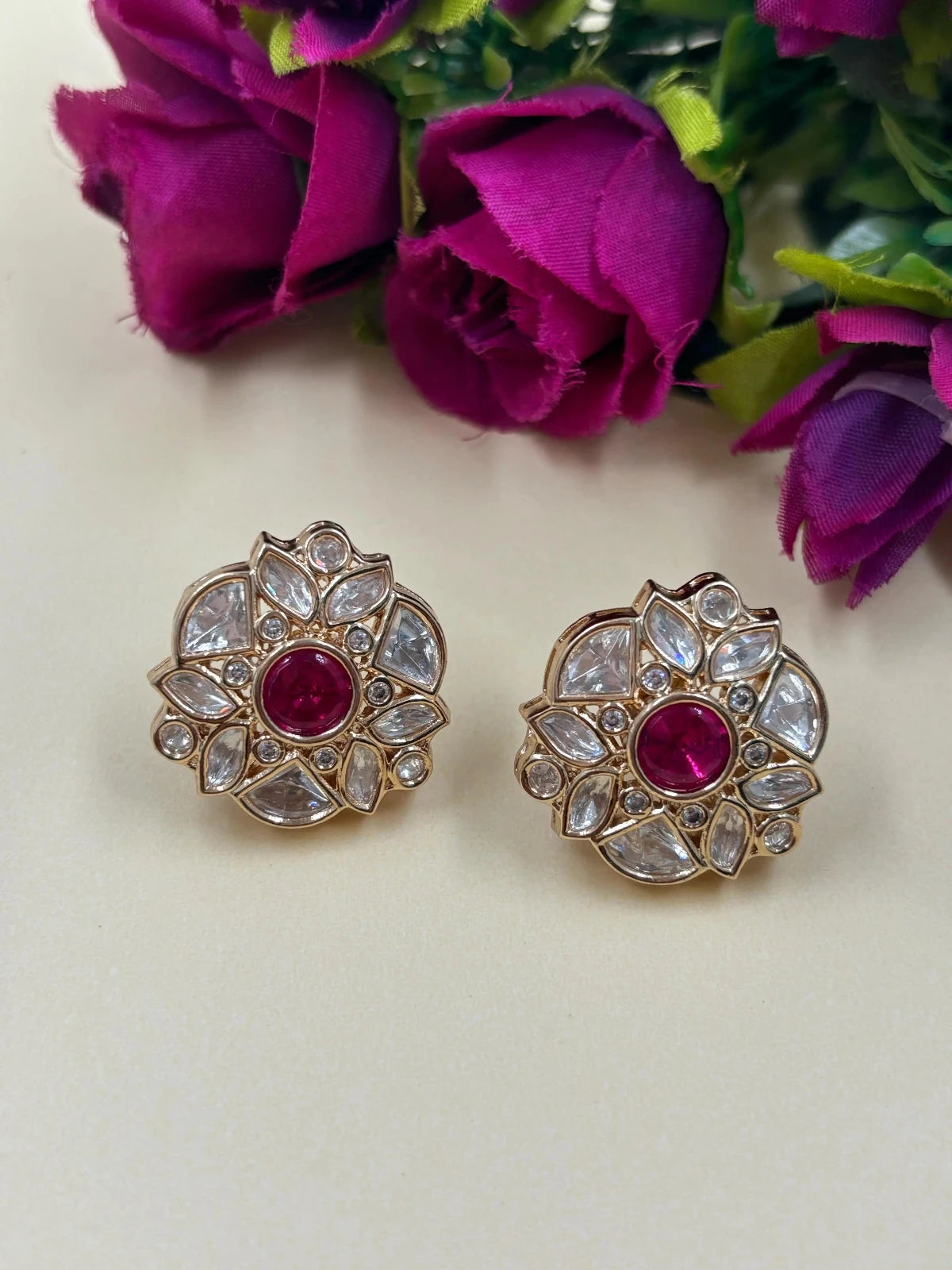 Beautiful Rose Gold Ruby Pink Polki Kundan Stud Earrings