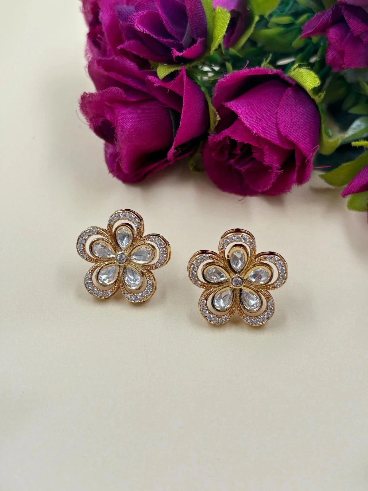 Unique Indo Western Flower Design Rose Gold Polki Kundan Stud Earrings 