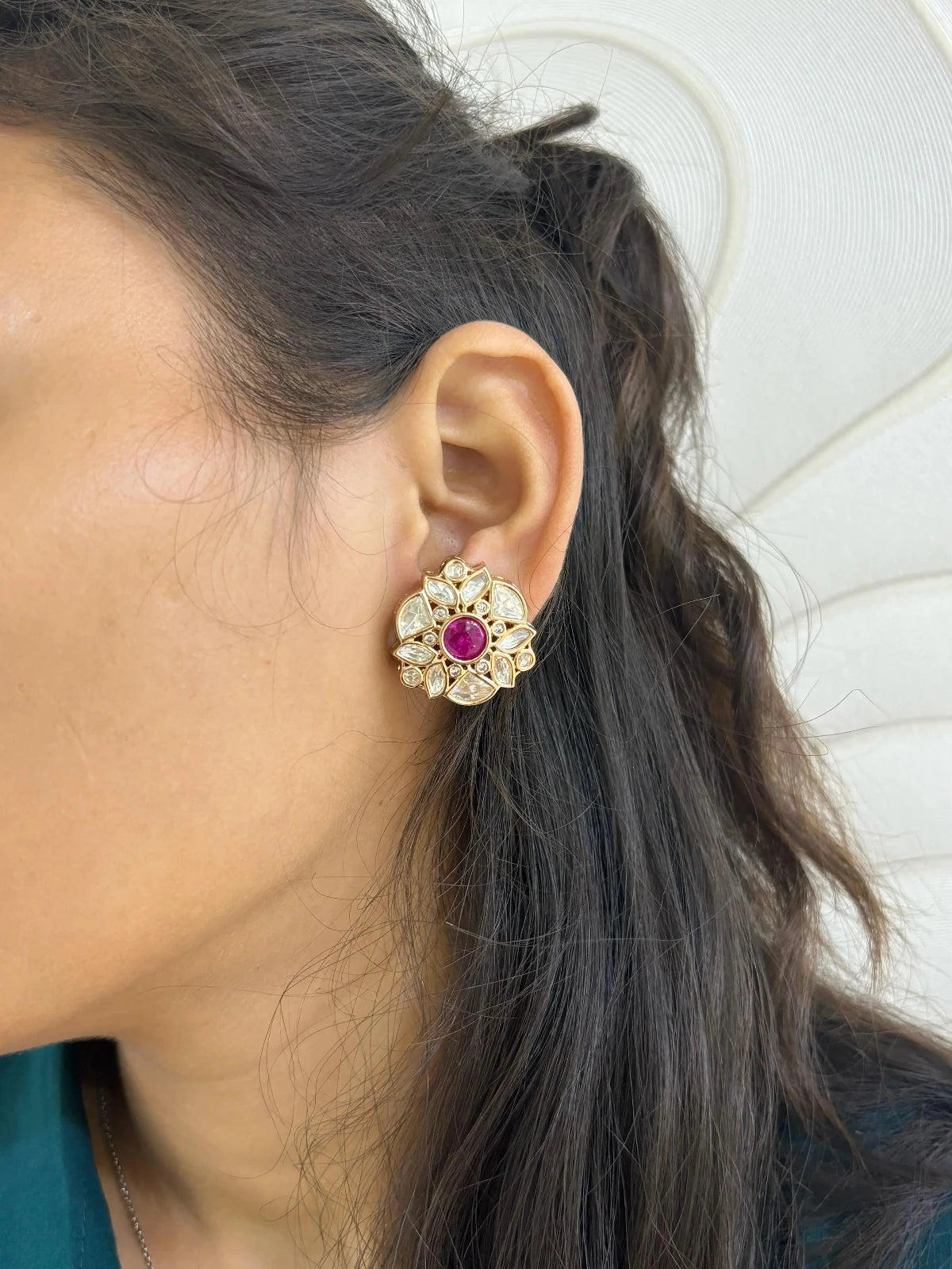 Beautiful Rose Gold Ruby Pink Polki Kundan Stud Earrings