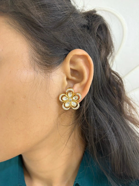 Unique Indo Western Flower Design Rose Gold Polki Kundan Stud Earrings 