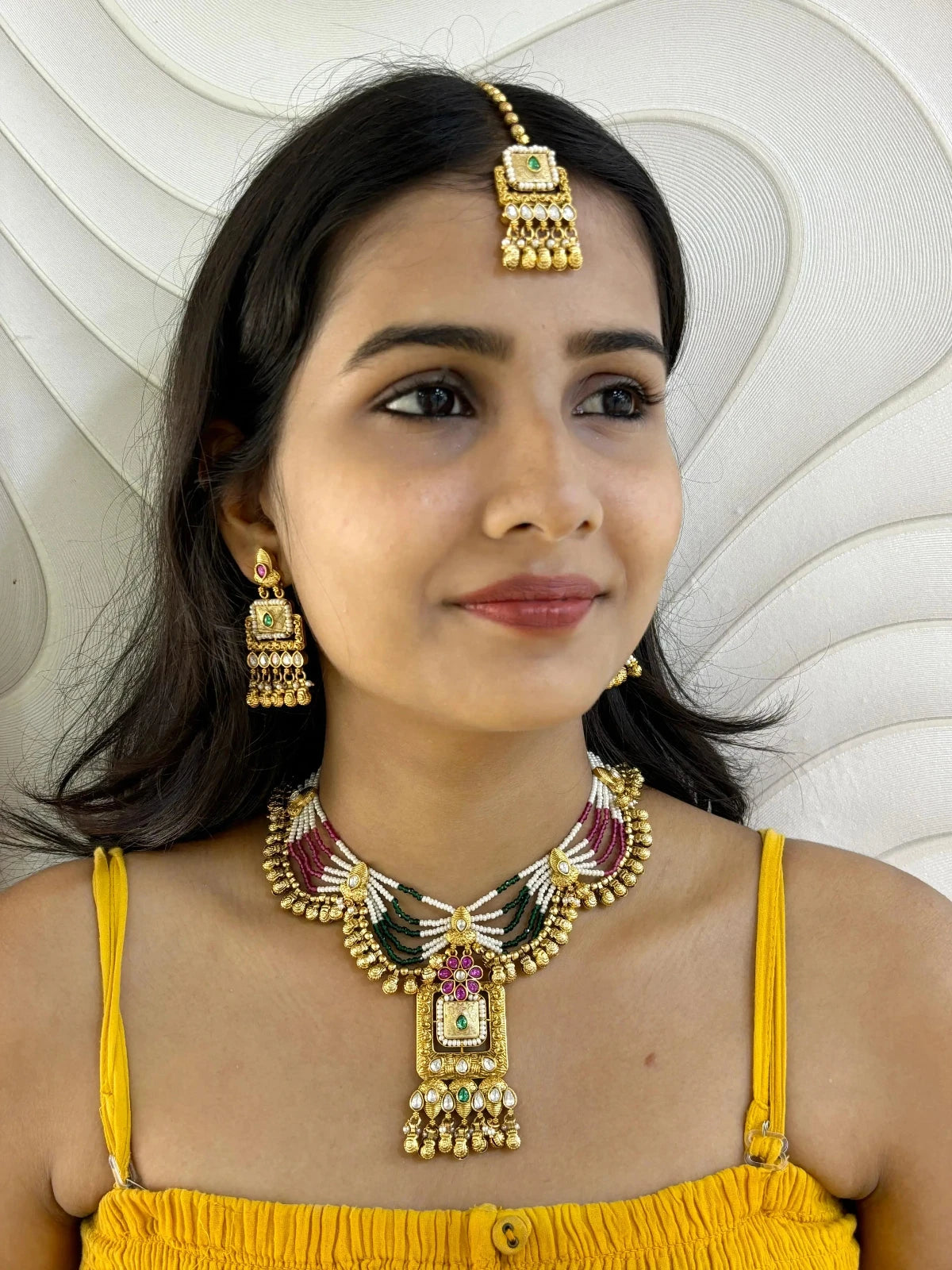 Aparna Designer Artificial Antique Beaded Golden Necklace Set With Tikka