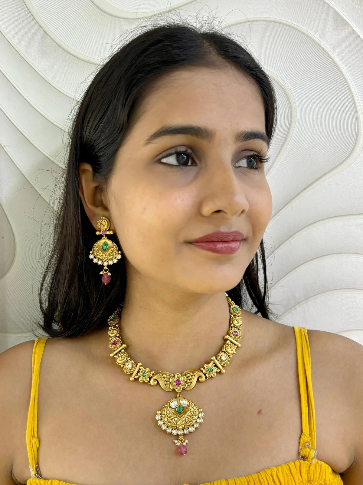 Atulya Artificial Gold Plated Short Antique Gold Necklace Set 