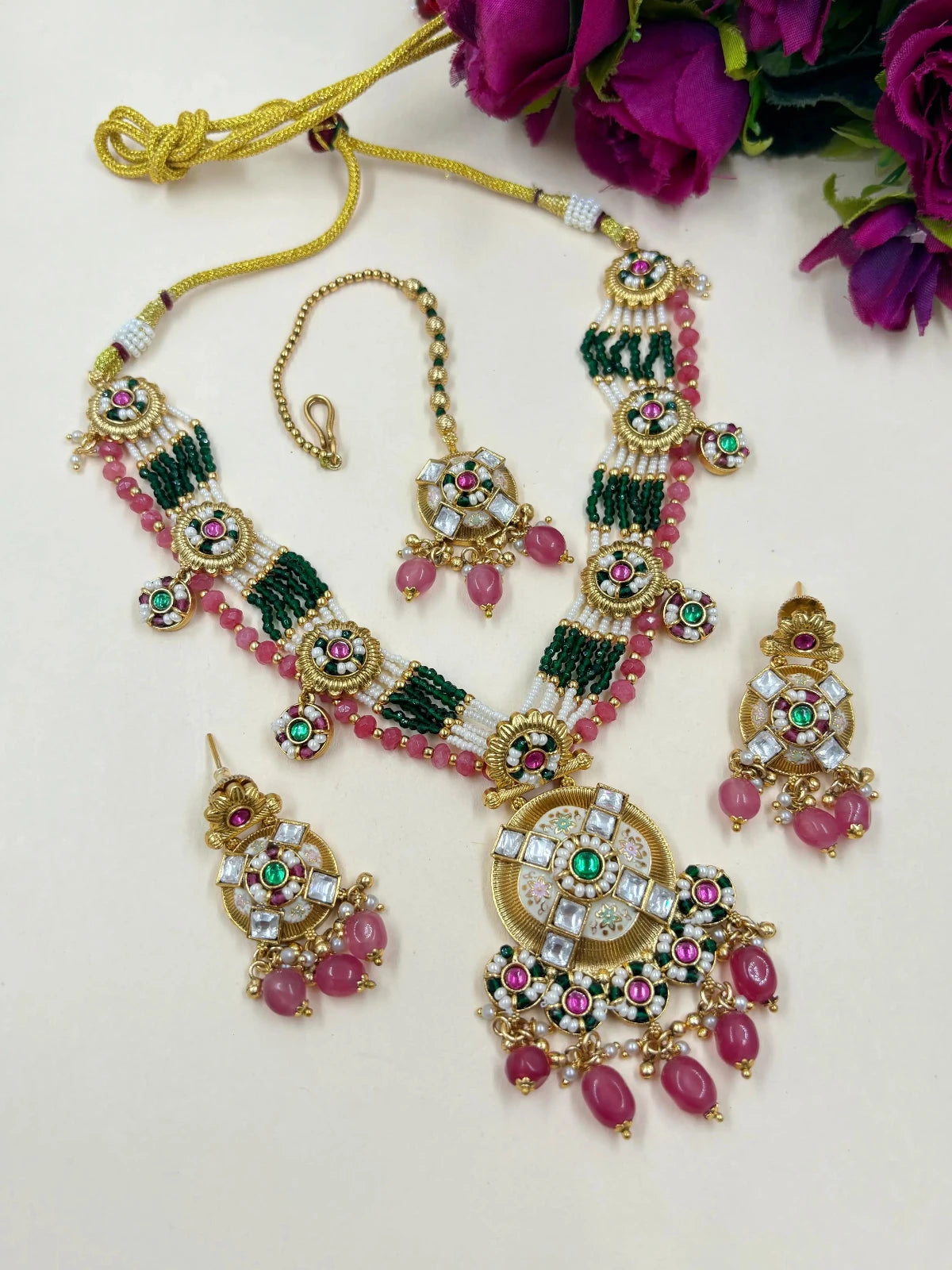 Neera Antique Golden Traditional Wedding Necklace Set With Tikka