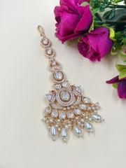 Designer Rose Gold Finish AD And Polki Big Size Maang Tikka with pearls 