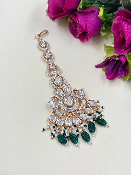 Designer Rose Gold Finish AD And Polki Big Size Maang Tikka with green color beads 