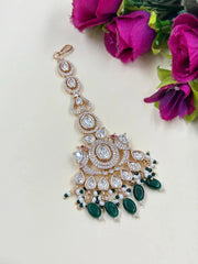 Designer Rose Gold Finish AD And Polki Big Size Maang Tikka with green color beads 