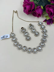 Statement Look Oval Shape AD And Polki Short Necklace Set For Parties