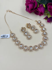 Statement Look Oval Shape AD And Polki Short Necklace Set For Parties