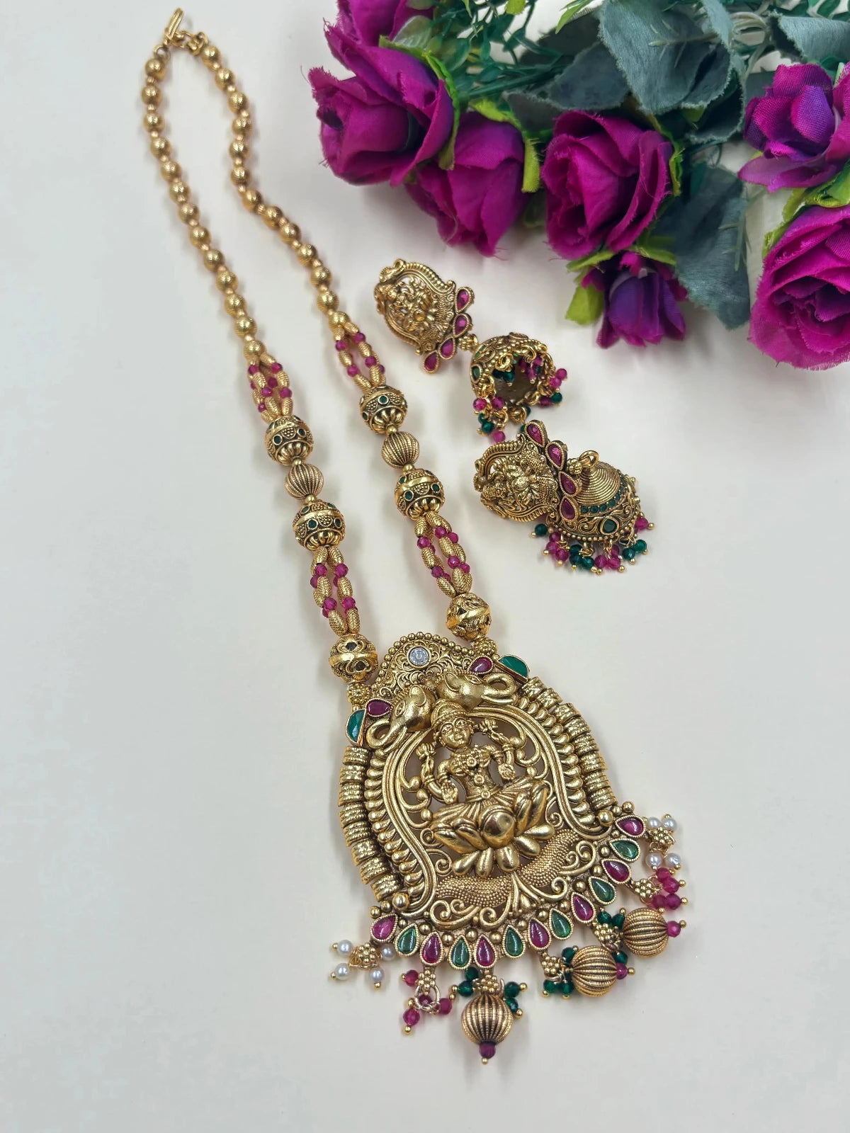 Traditional South Indian Goddess Lakshmi Temple Jewellery Set 