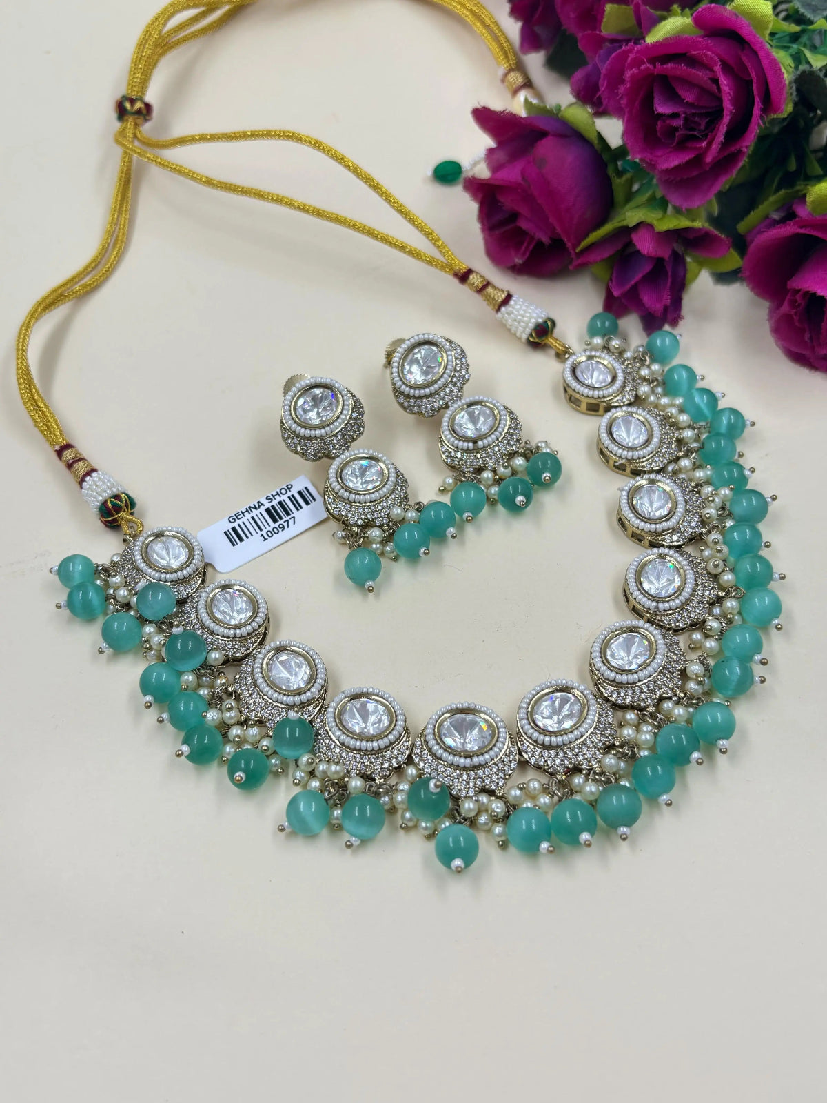 Veronica Women Mint Green Victorian Polki Necklace Set | Victorian Jewellery