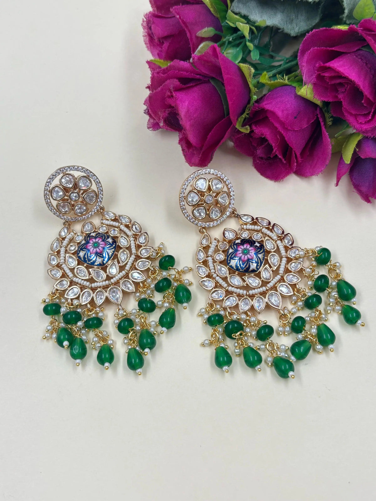 Traditional Rose Gold Finish Kundan Green Chandbali Earrings