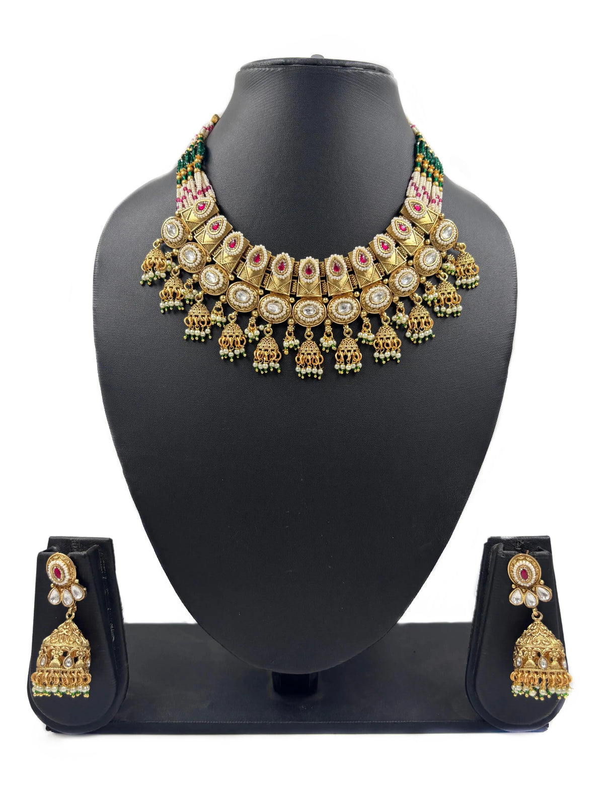 Traditional Gold Plated Antique Necklace Set With Kundan And Pearls