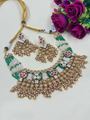 Gold Plated Short Antique Green Necklace Set For Weddings | Heritage Jewelry For Women