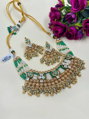 Gold Plated Short Antique Green Necklace Set For Weddings | Heritage Jewelry For Women