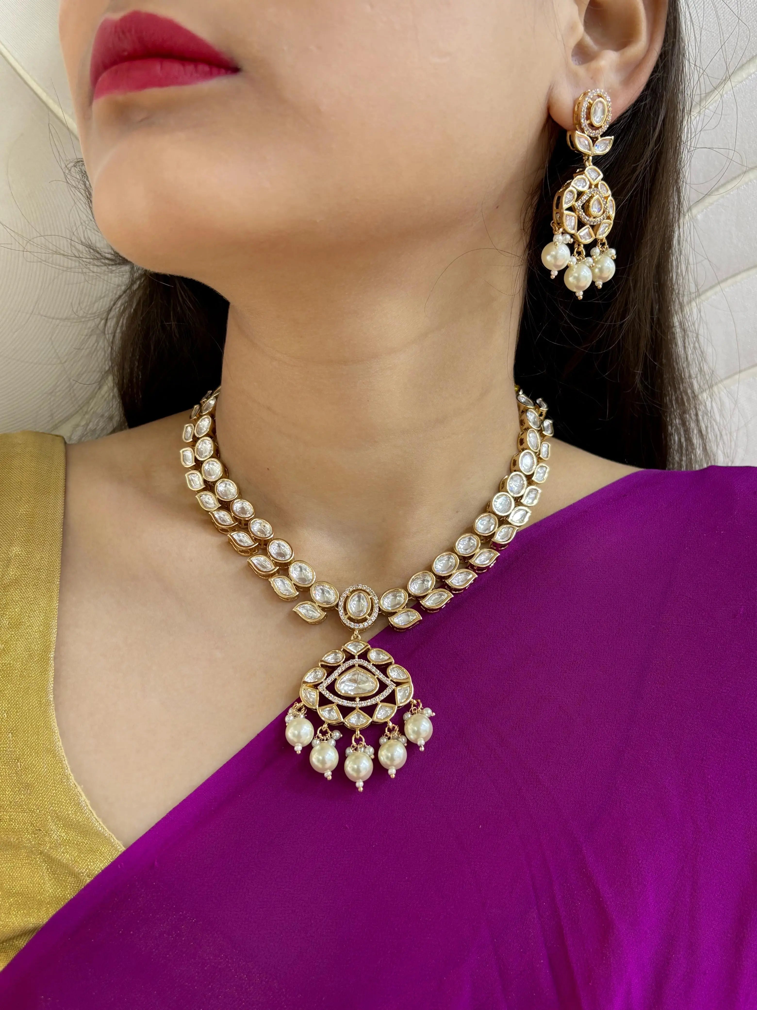 Rose Gold Finish Kundan Necklace Set - Wedding And Party Wear Kundan Jewelry