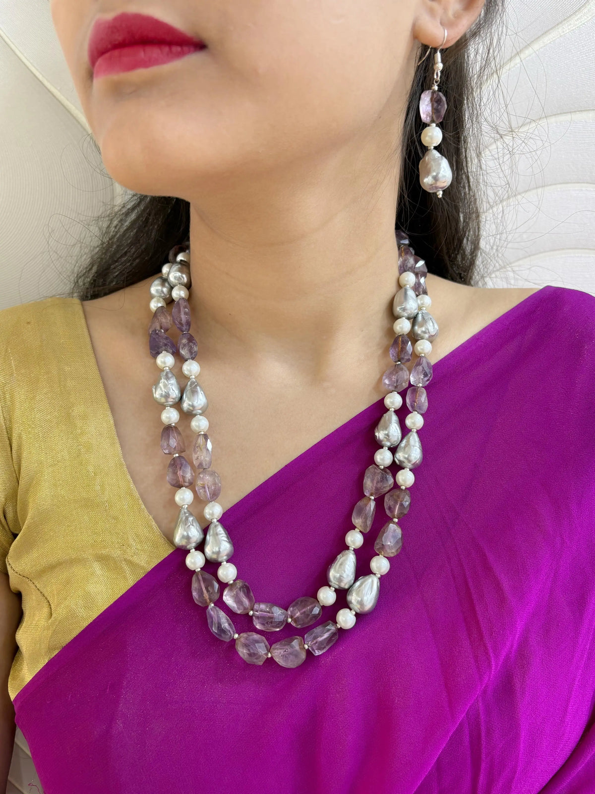 Semi Precious Amethyst And Pearls Fancy Beads Necklace For Women - Purple Beads Necklace 