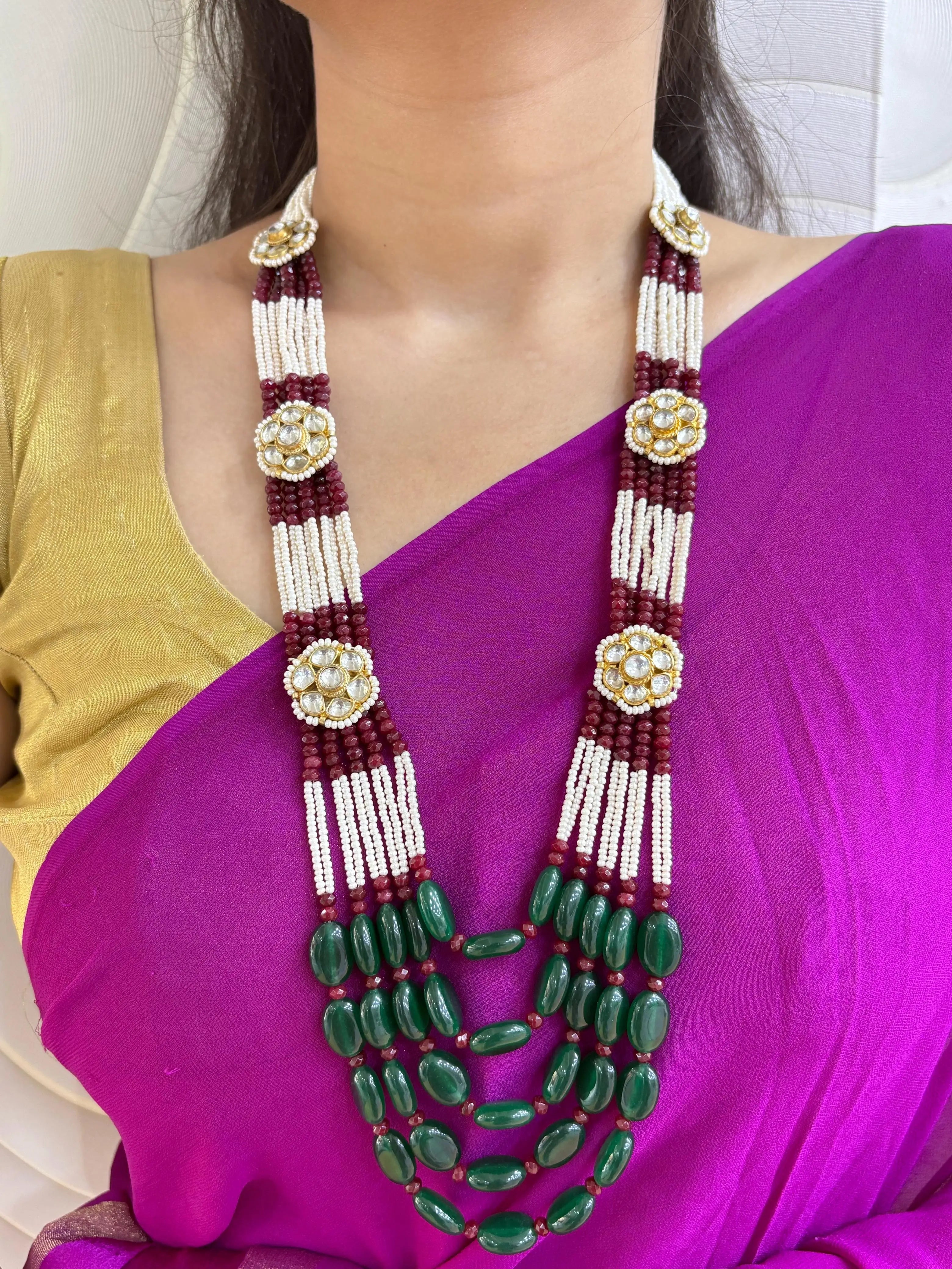 Designer Handmade Kundan And Semi Precious Multi Color Beaded Necklace Set For Sarees 