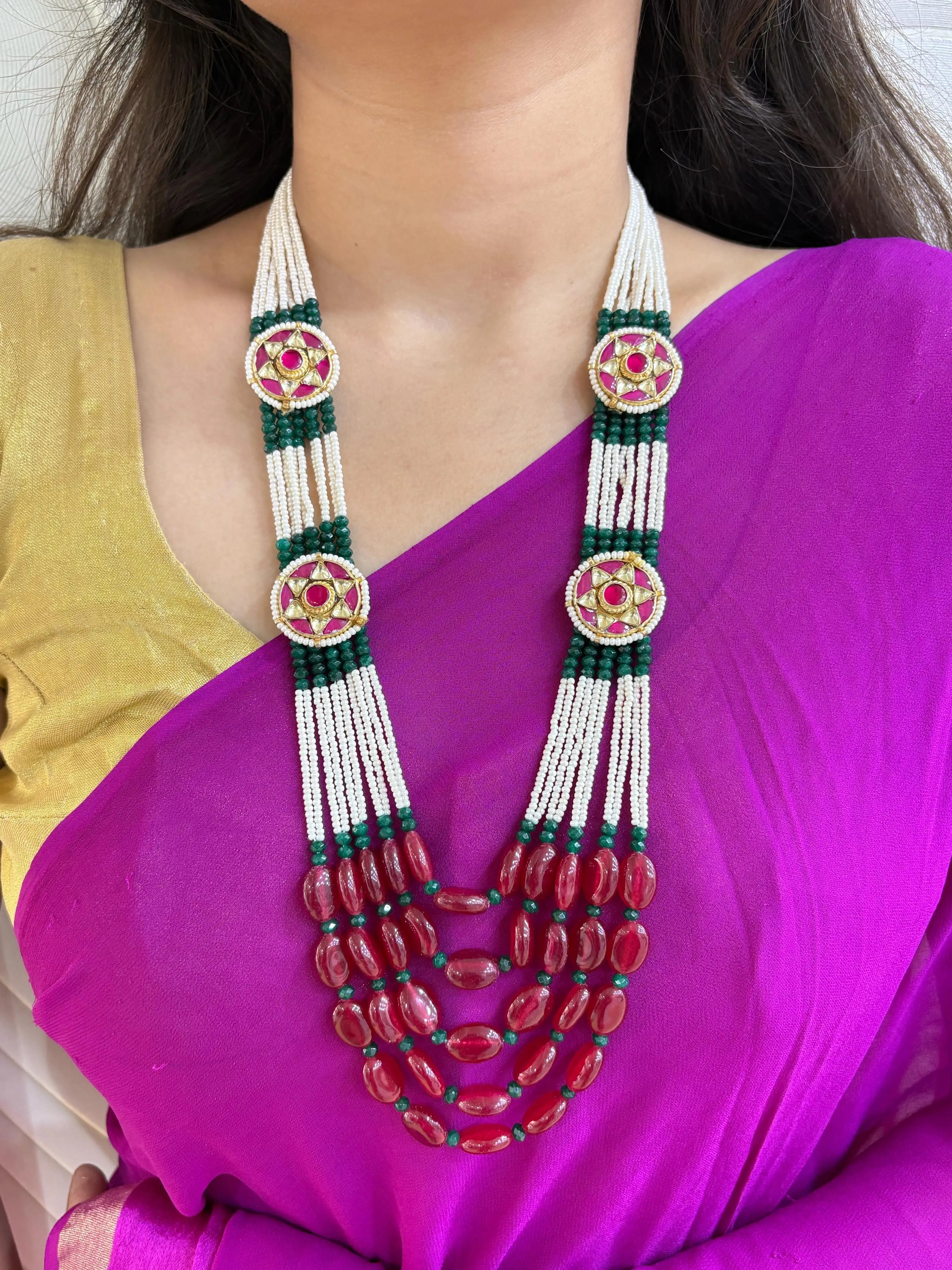 Traditional Handcrafted Side Kundan Brooches And Semi Precious Beaded Necklace Set - Wedding And Festive Wear 