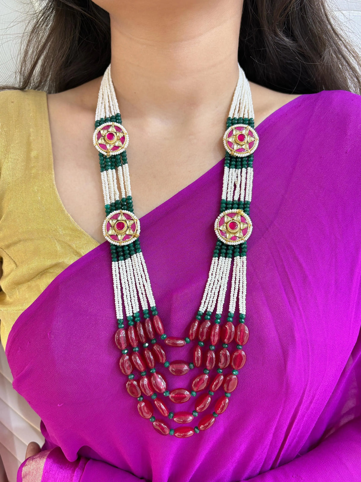Traditional Handcrafted Side Kundan Brooches And Semi Precious Beaded Necklace Set - Wedding And Festive Wear 