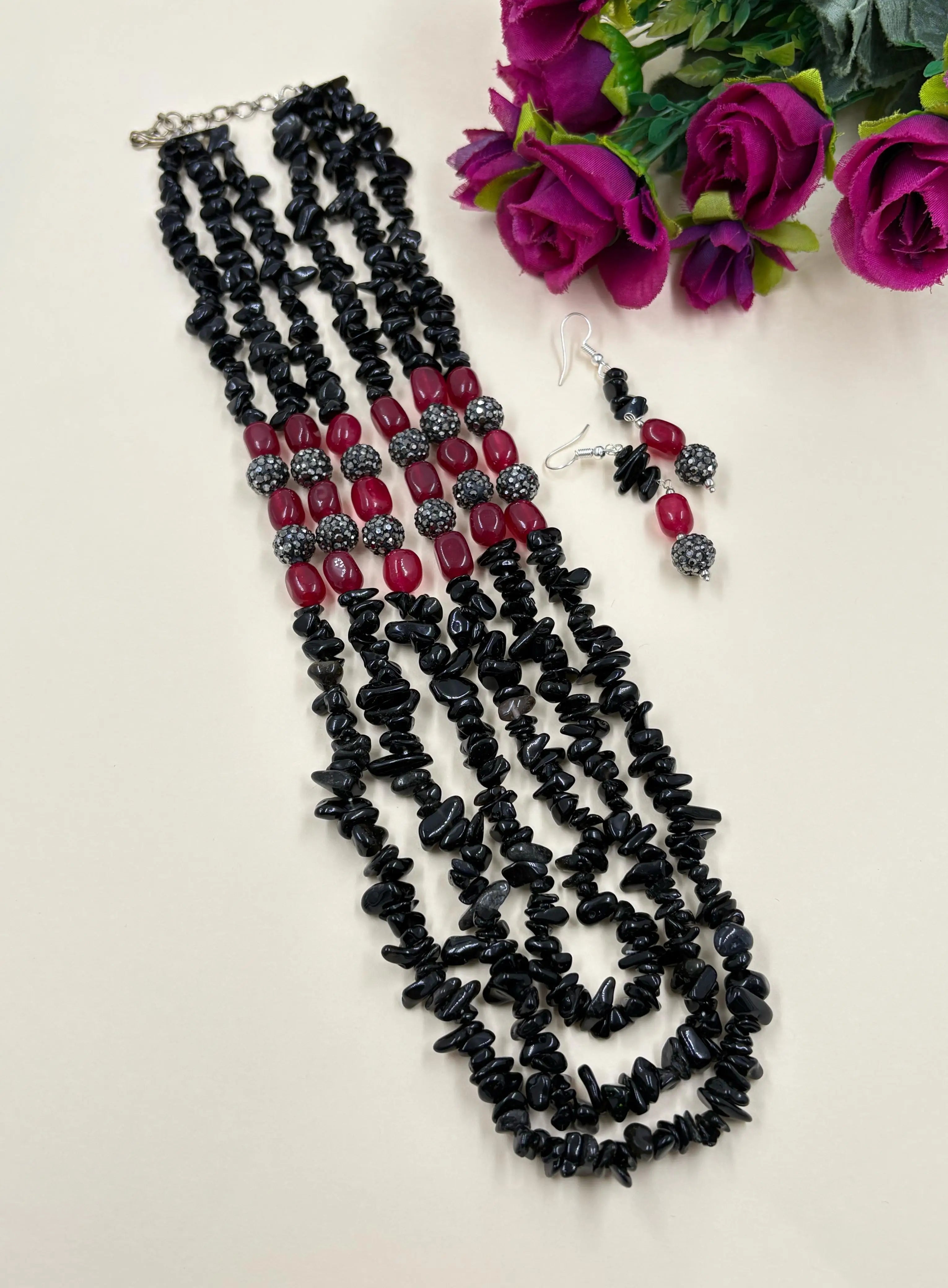 Elegant Semi Precious Layered Black Onyx Beaded Necklace Set - Fancy Black Beads Necklace 