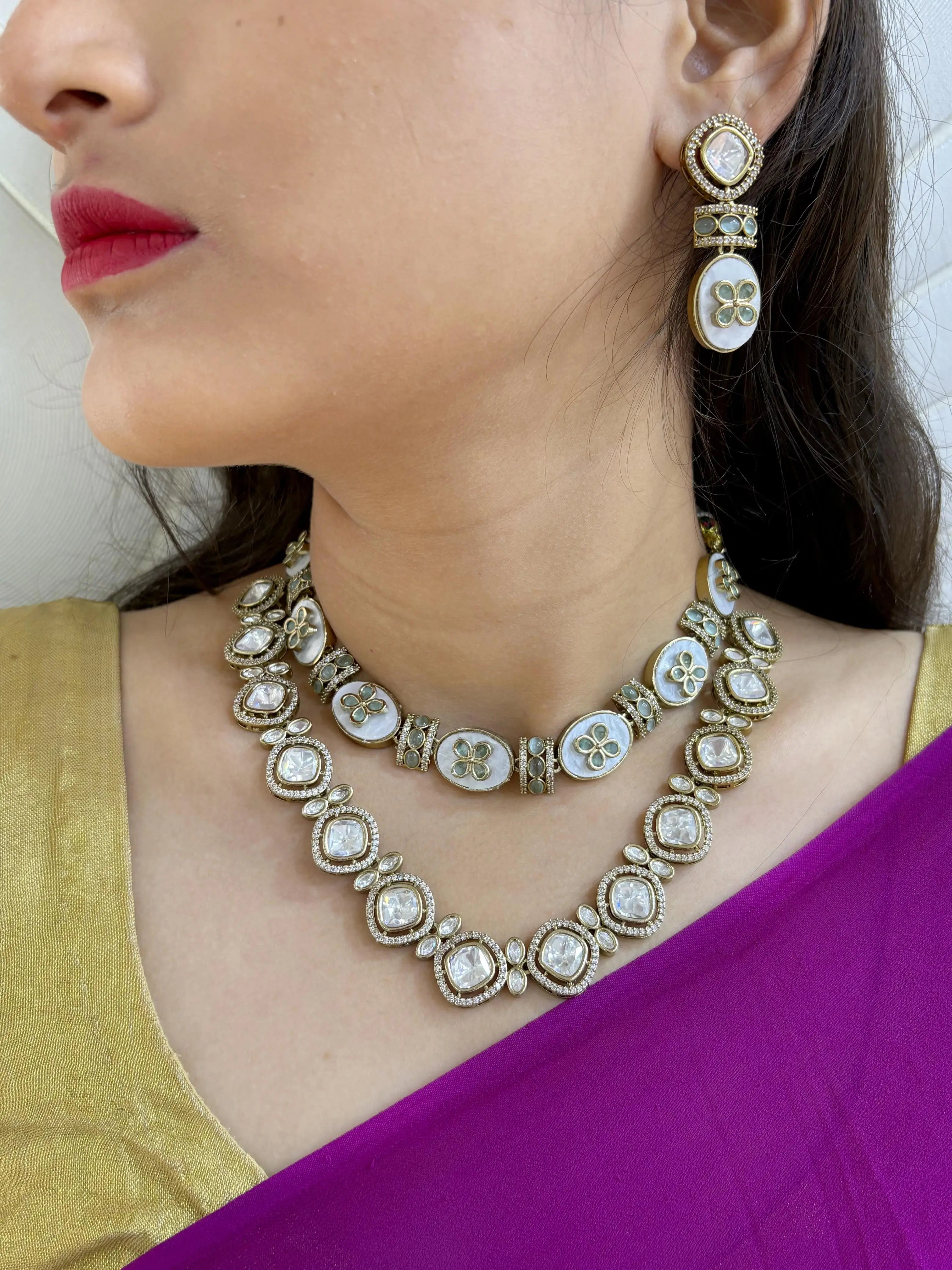 Rimisha Modern Look Victorian Uncut Polki Kundan And Mother Of Pearl Necklace Set - Wedding And Festive Jewellery 