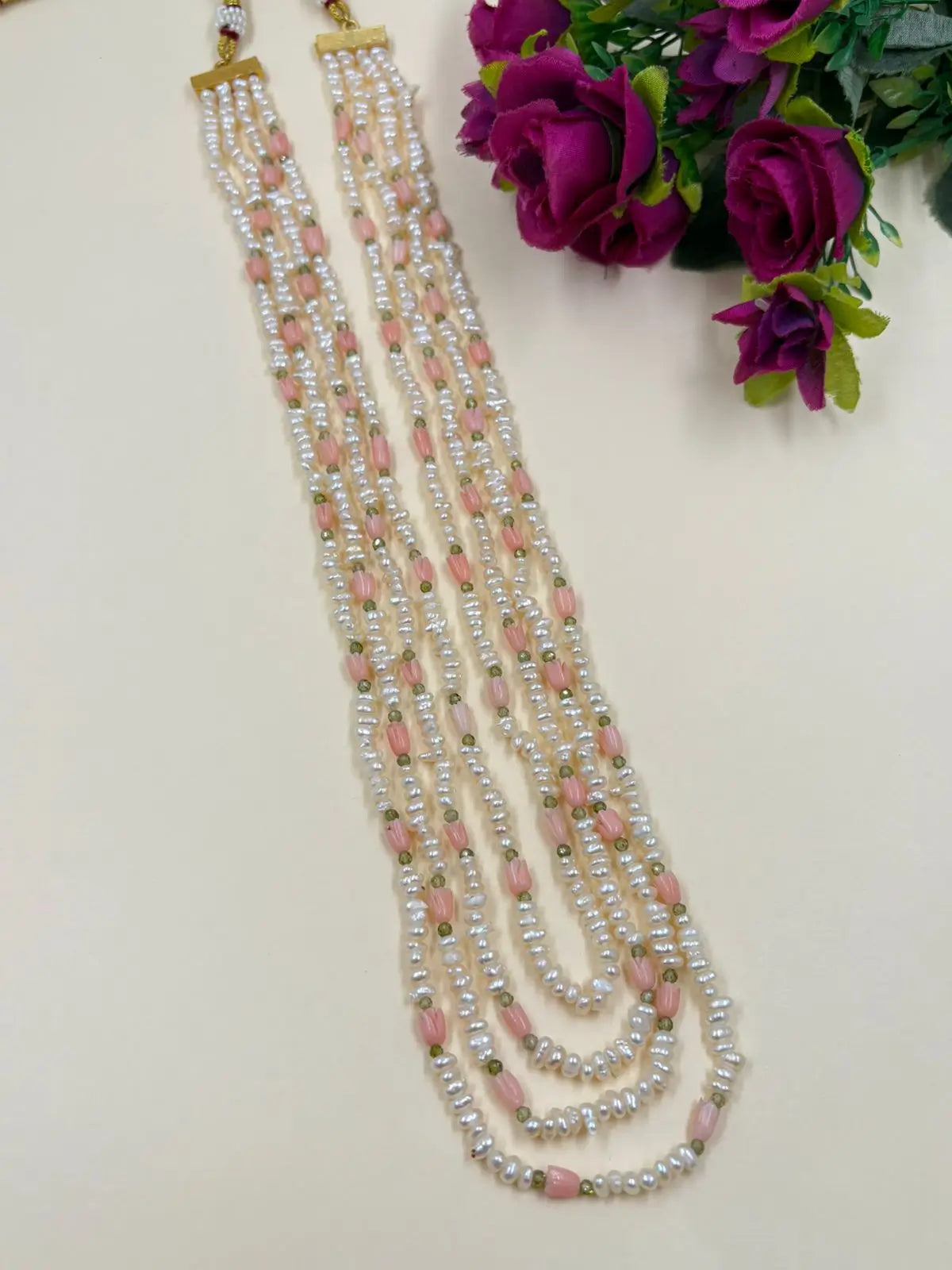 Layered Freshwater Real Hyderabadi Pearls Beaded Necklace With Tulip Flowers