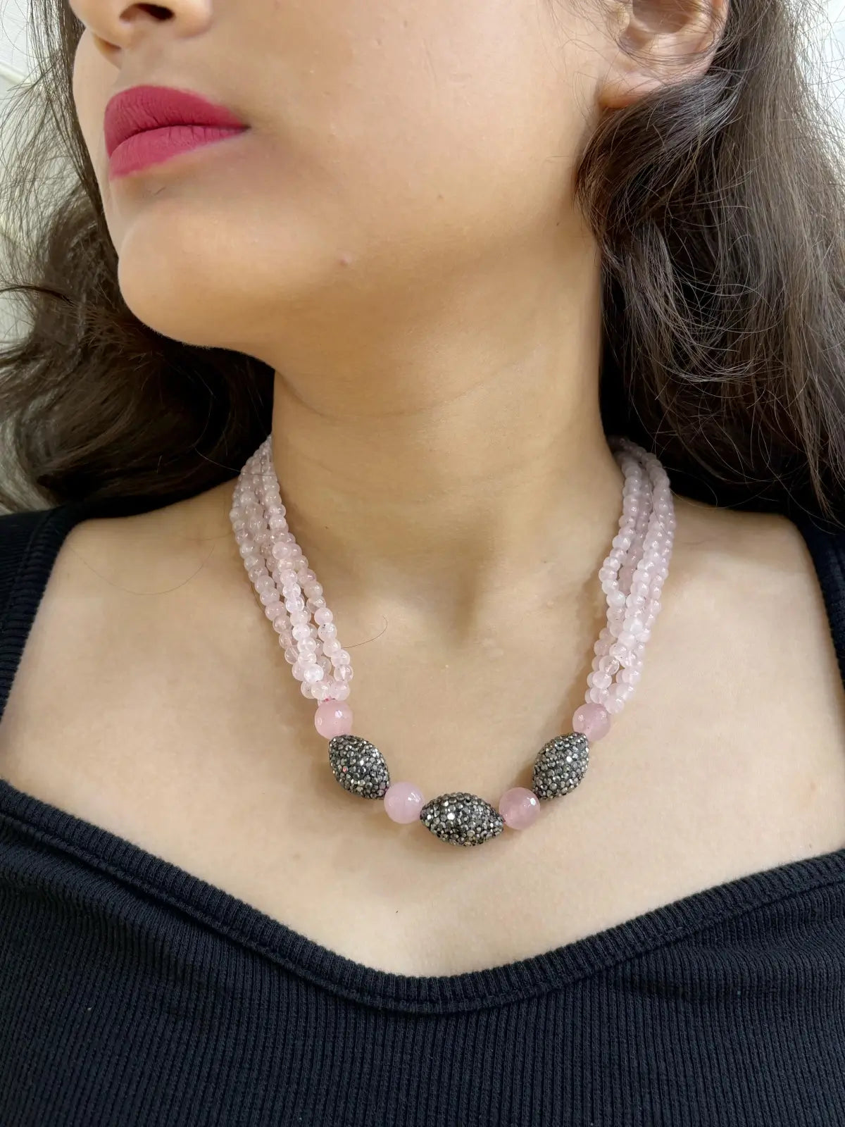 Designer Semi Precious Rose Quartz Beads Necklace Set For Women - Pink Necklace 