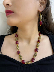Handcrafted Antique Beads And Red Jade Beads Necklace Set For Women 