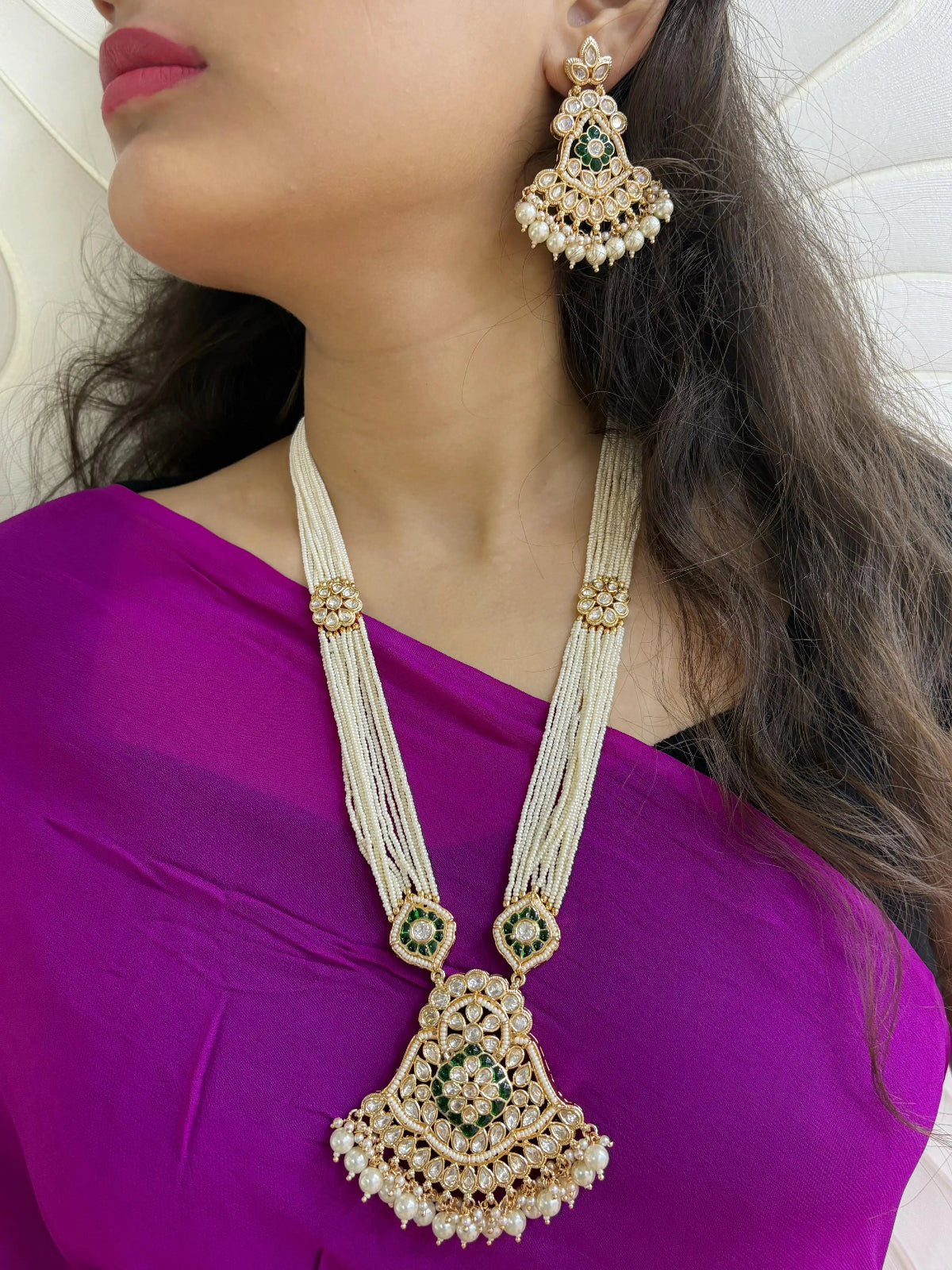 Classy Long Kundan Necklace Set With Pearl Strands | Wedding Wear Luxury Kundan Necklace Set