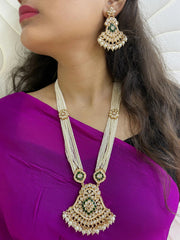 Classy Long Kundan Necklace Set With Pearl Strands | Wedding Wear Luxury Kundan Necklace Set
