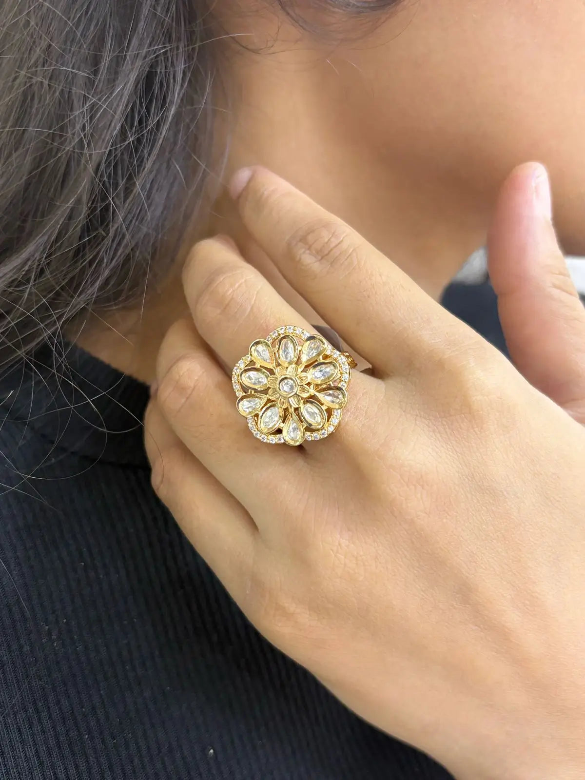 Beautiful Rose Gold Finish Floral Design Kundan Polki Finger Ring For Women - Finger Ring