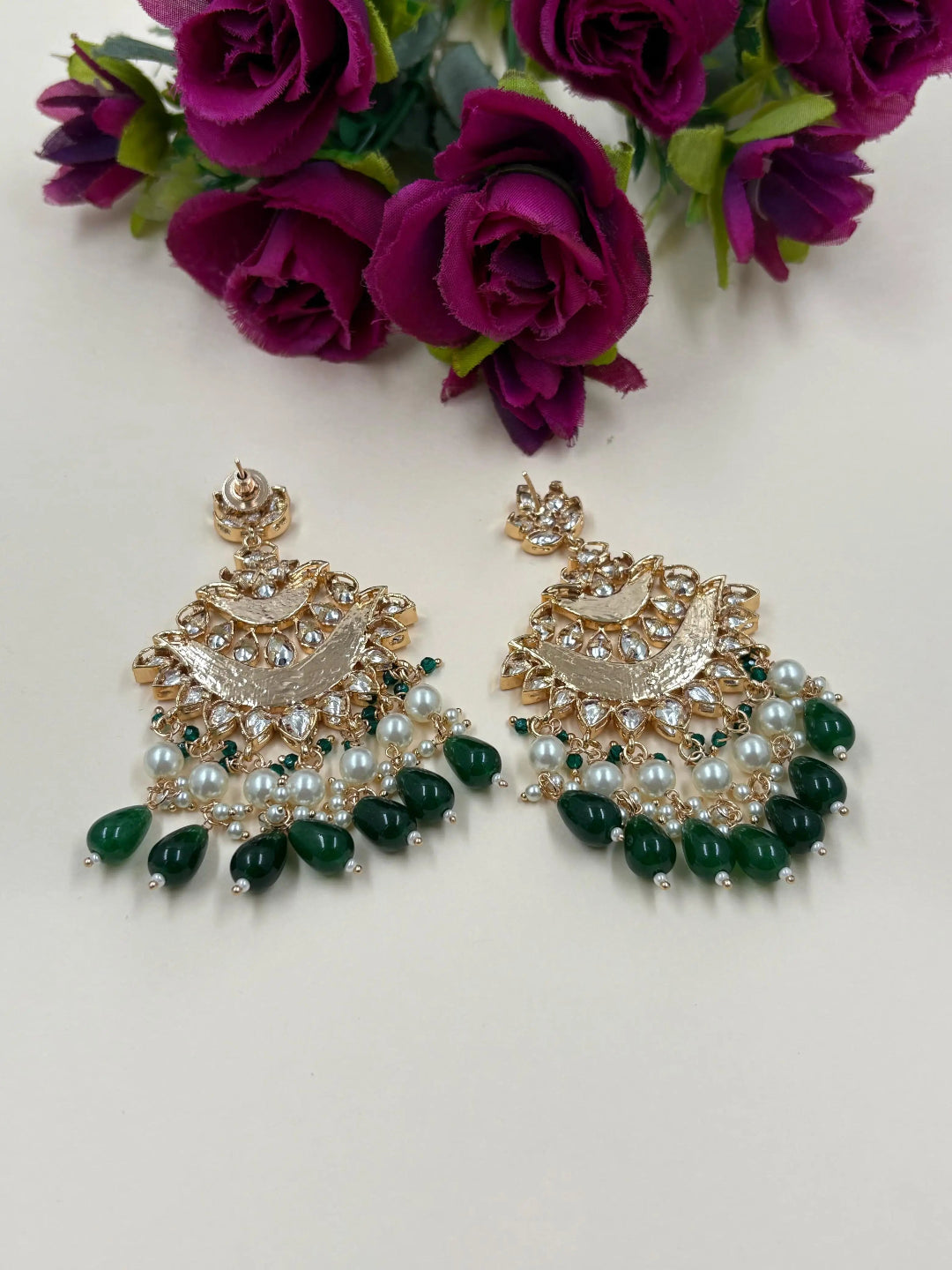 Contemporary Kundan And Mother Of Pearl Green Chandbali Earrings For Women - Wedding And Party Wear