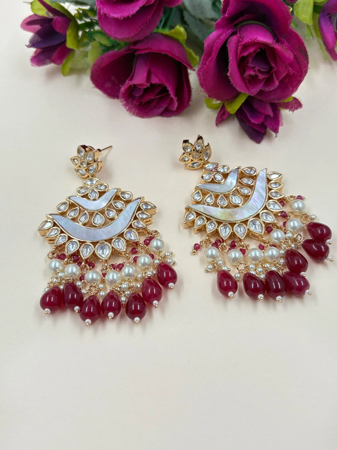 Contemporary Kundan And Mother Of Pearl Red Chandbali Earrings For Women - Wedding And Party Wear