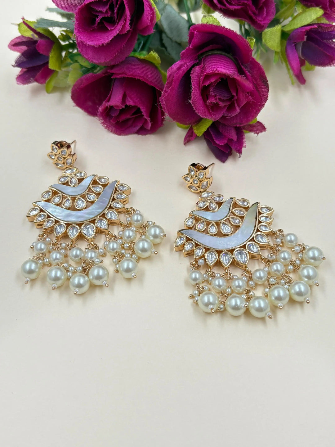 Contemporary Kundan And Mother Of Pearl Chandbali Earrings For Women - Wedding And Party Wear
