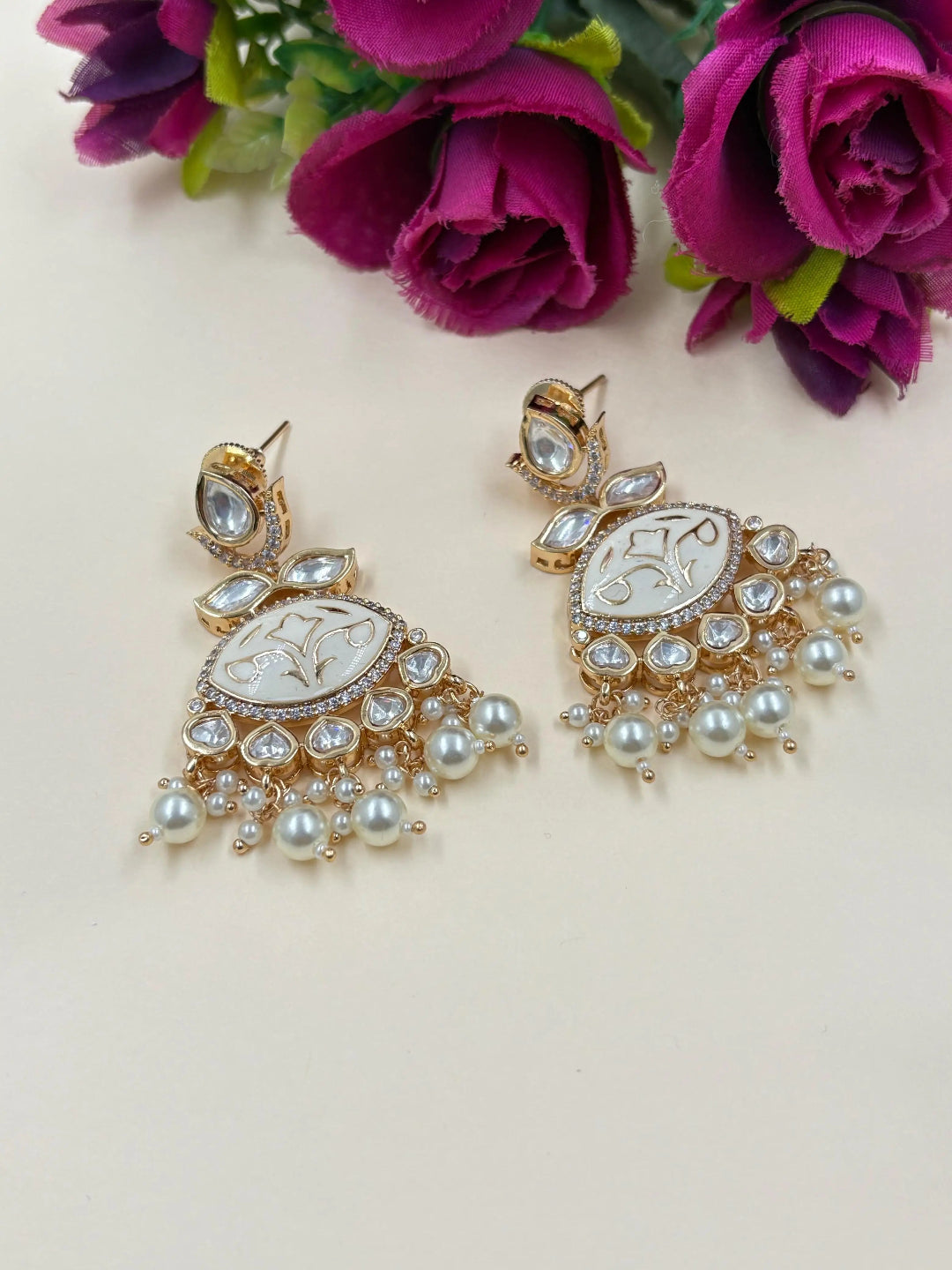 Traditional white Meenakari Kundan Dangler Earrings For Women - Party And Wedding Wear