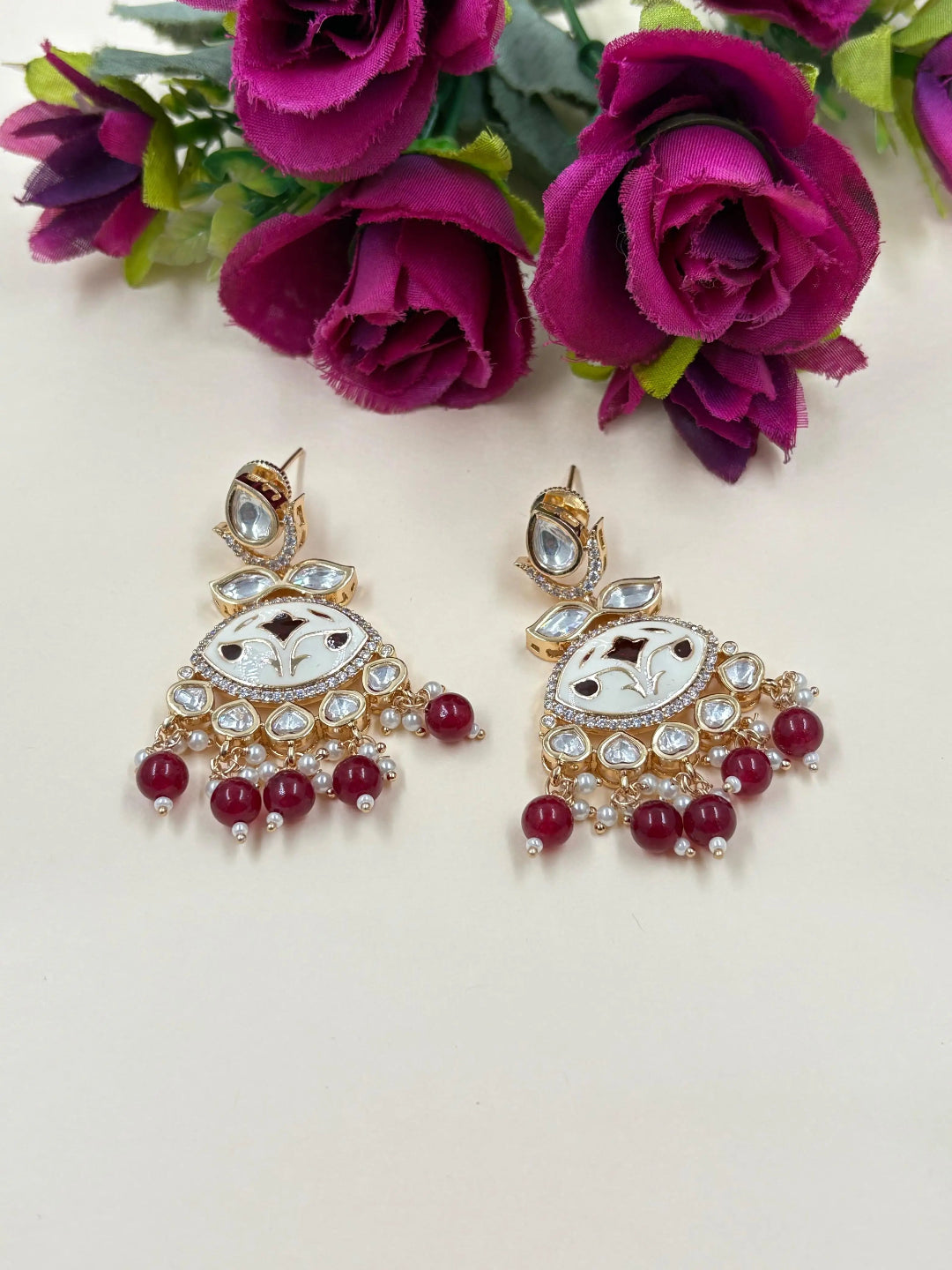 Traditional Red Meenakari Kundan Dangler Earrings For Women - Party And Wedding Wear