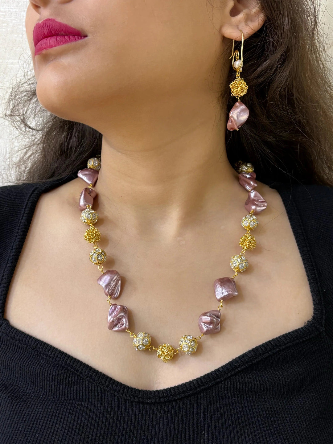 FancyPurple  Beaded Pearls Necklace Set - Party And Festive Beaded Pearl Jewellery