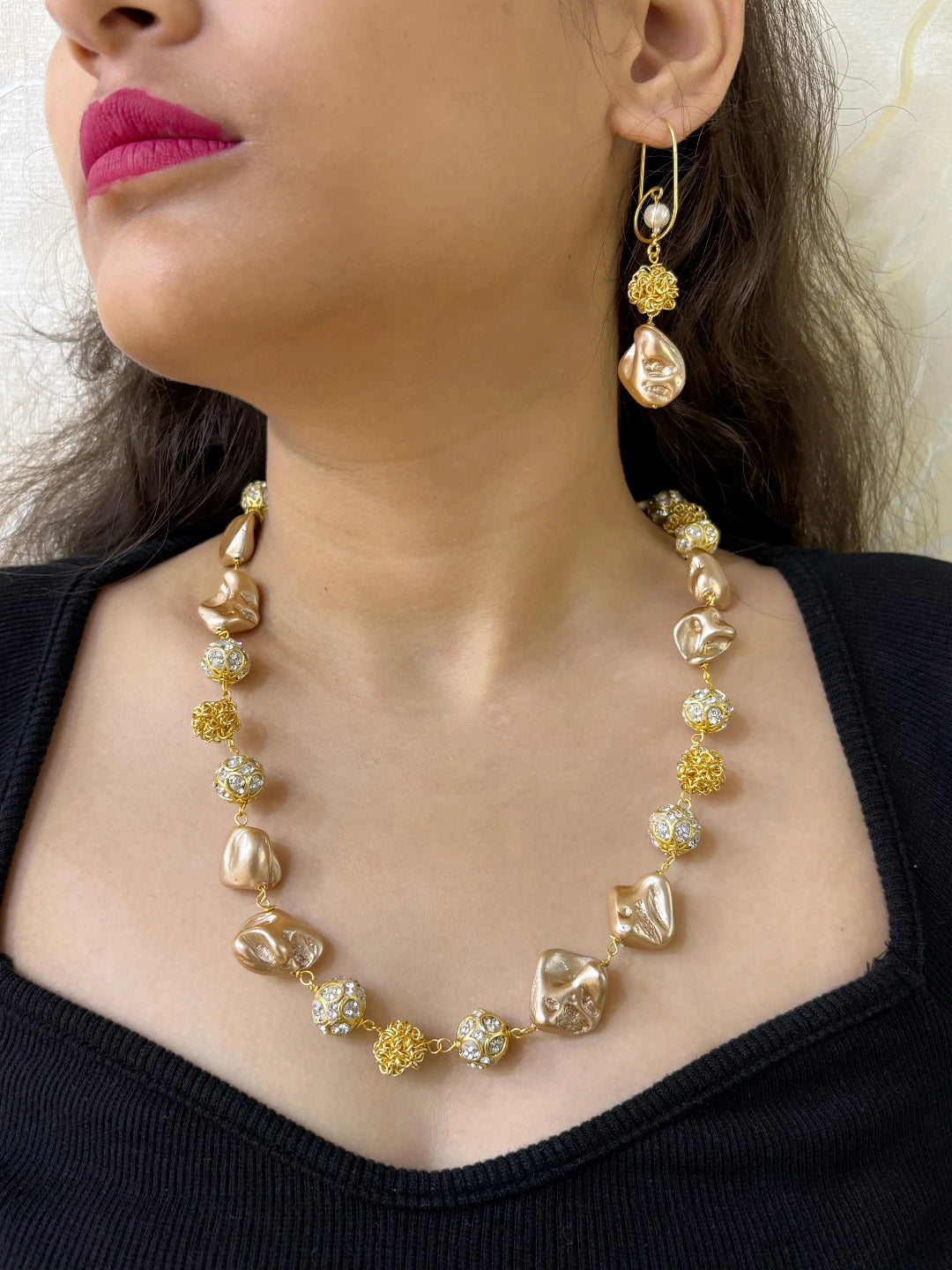 Fancy Brown Beaded Pearls Necklace Set - Party And Festive Beaded Pearl Jewellery
