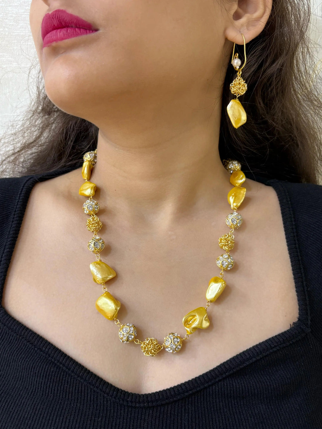 Fancy Golden Beaded Pearls Necklace Set - Party And Festive Beaded Pearl Jewellery