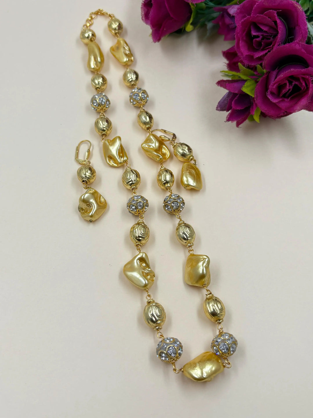 Fancy Golden Beaded Pearls Necklace Set - Party And Festive Beaded Pearl Jewellery