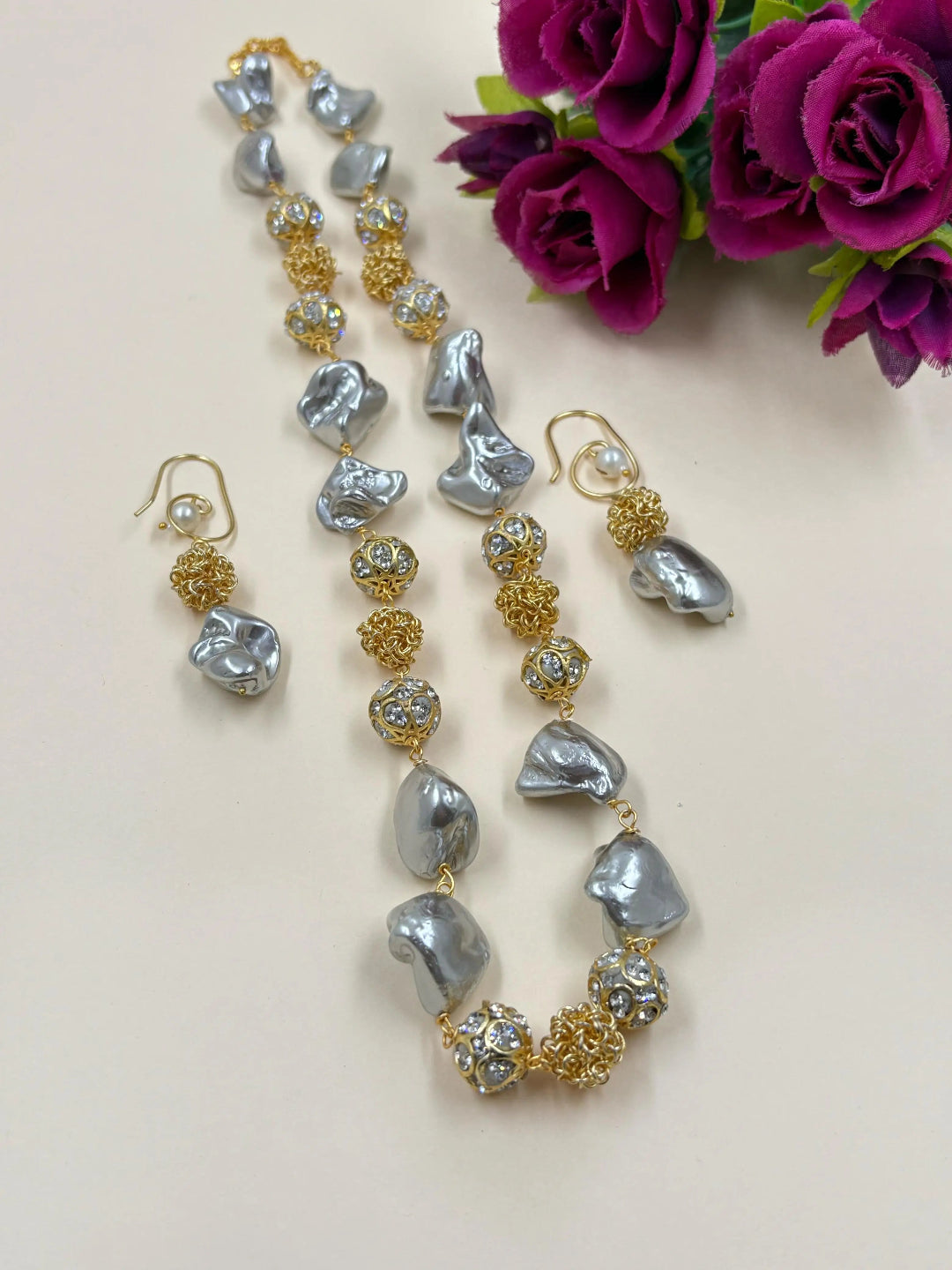 Fancy Grey Beaded Pearls Necklace Set - Party And Festive Beaded Pearl Jewellery
