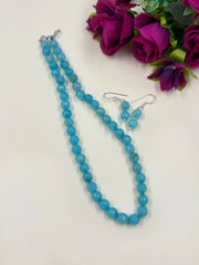 Single Strand Semi Precious Blue Jade Beads Necklace Set For Women