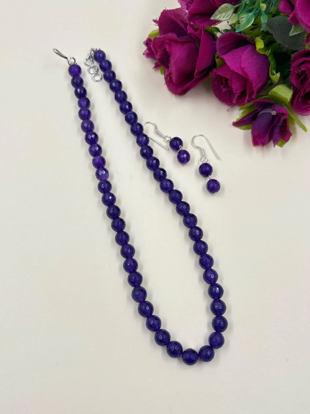Single Strand Semi Precious JPurple ade Beads Necklace Set For Women