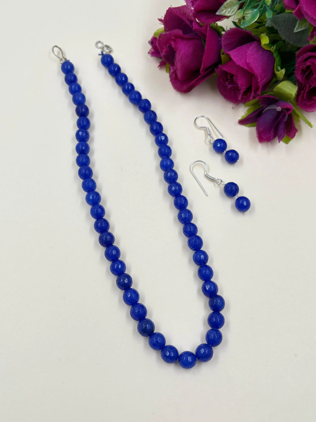 Single Strand Semi Precious indigo blue Jade Beads Necklace Set For Women