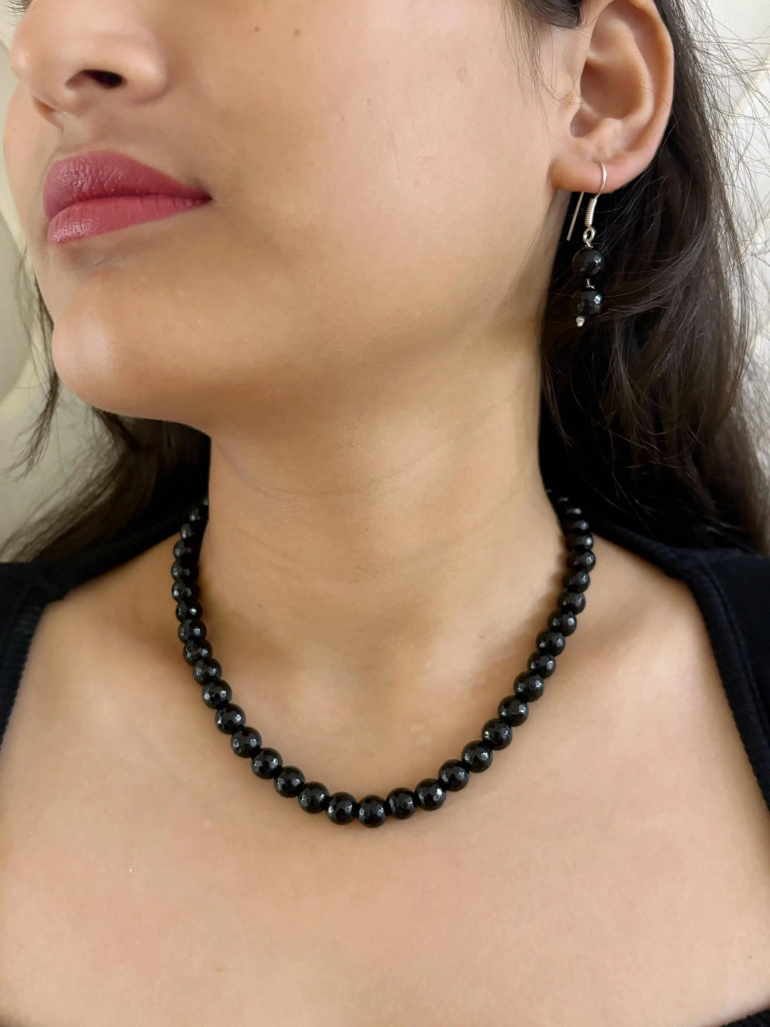 Single Strand Semi-Precious Black Jade Beads Necklace Set For Women
